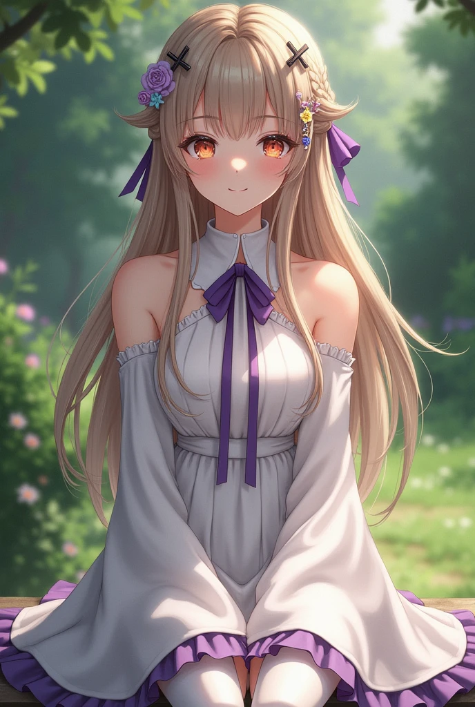 masterpiece, 1girl, Emilia, blunt bangs, long hair, crown braid,
white dress, detached collar, wide sleeves, x hair ornament, hair flower, hair ribbon, white thigh boots, cleavage, purple frills, pleated_white_skirt
sitting on bench, garden, arms at sides,
looking at viewer, (smile:1.2), blush, from above,