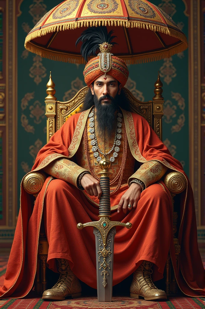 Emperor Akbar: Depict the Mughal emperor in luxurious robes made of fine silk, decorated with intricate patterns and jewels. He should be wearing a turban with a large feather and holding a royal sword in a jeweled scabbard. His throne should be opulent, with inlays of gold and precious stones, reflecting Mughal artistry. Add a royal umbrella (chhatri) behind his throne, symbolizing his status.