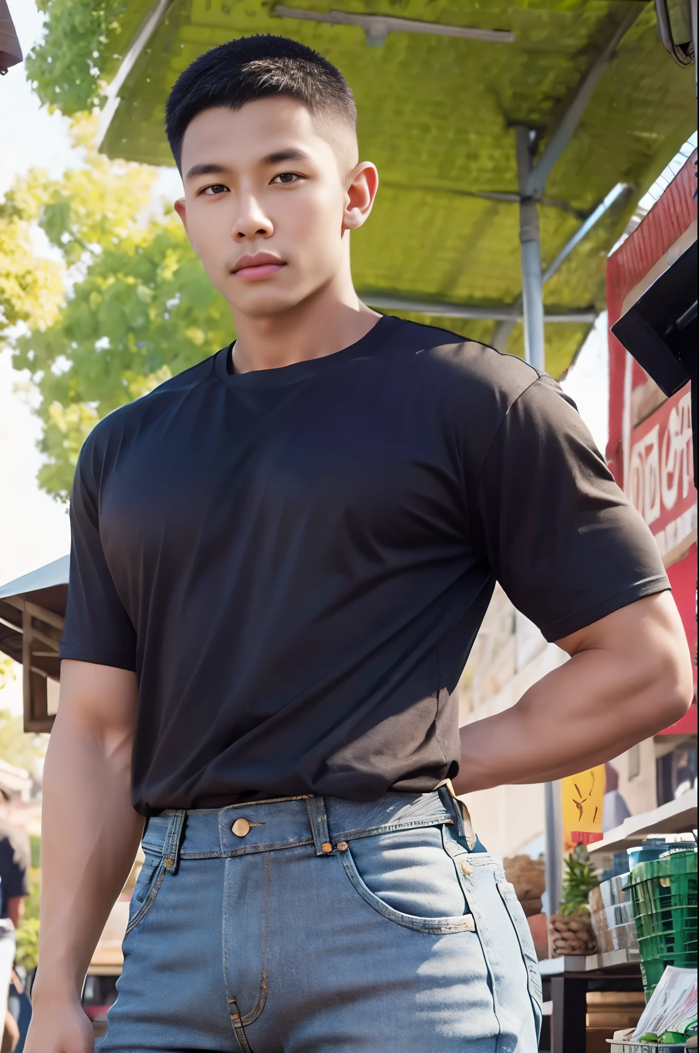 Handsome young man, (have a mustache:1) ,(buzz cut:1.1), (short hair:1.2), The forearms are muscular., (jeans shirt:1.5), (black shirt:1.5),Jeans, Big muscles, Handsome and muscular, full body angle, (outdoor market:1.3), natural light