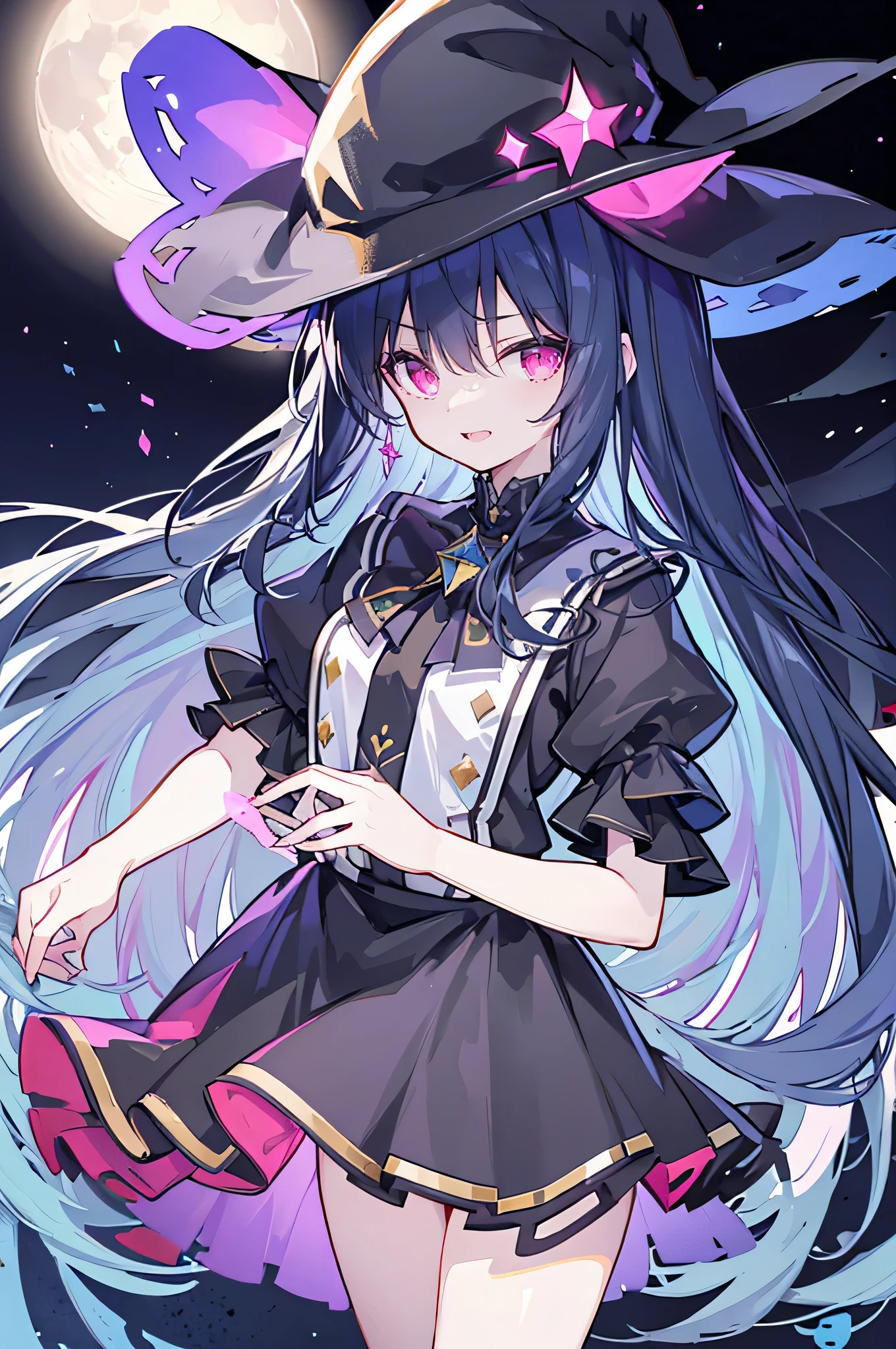 oung Girls,Humanity,A magician always smiles,big witch hat,cute,dark blue long hair,The eyes are dull,The bangs are heavy,Thin eyebrows,fantasy,intake,Double teeth,Star Theme,Constellation pattern,Solid color clothetal decoration,cloak,A bit of a dark atmosphere,A little crazy smile,When the big moon shines outside at night,blood,Hair black star embellishment,Short tie,No nails,High waist skirt,Bell sleeves,Long-sleeved shirt,Black tie,low risk,gentlemen。Mist、Yellow and white effect，Shocking pink as an accent color