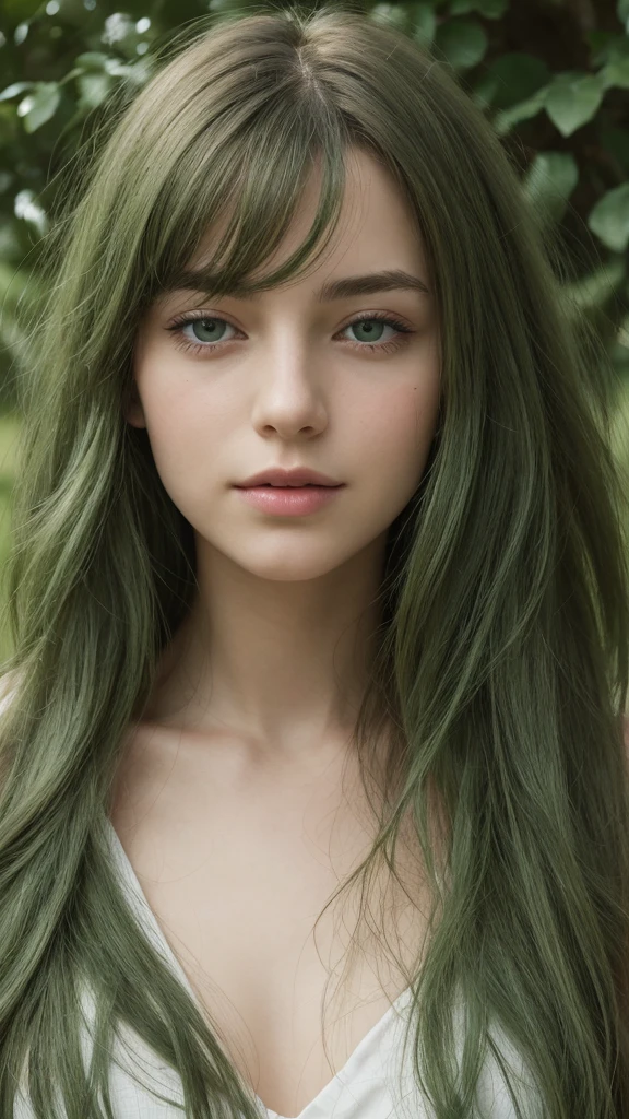 face portrait. a girl. european. half-closed eyes. green eyes. oval face. delicate features. long face. long straight hair. messy hair. green hair. happy. looking straight