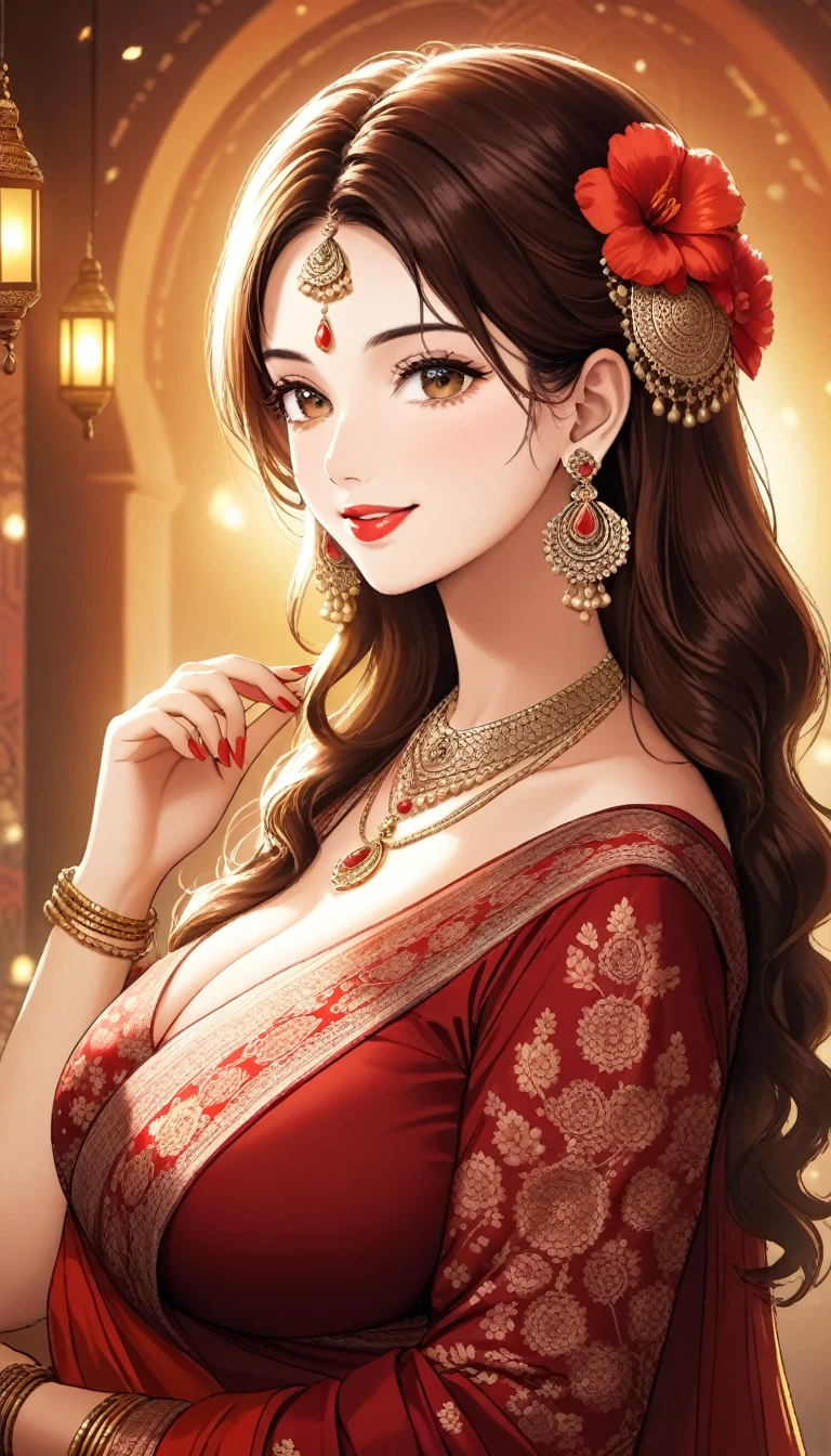 (high quality,4k,8k,highres,masterpiece:1.2),ultra-detailed,(realistic,photorealistic,photo-realistic:1.37),Indian female with a sexy figure,stunning beautiful eyes,full luscious lips,long dark hair flowing down,deep dusky skin,well-defined jawline and cheekbones,vibrant red traditional Indian saree outfit,fine golden jewelry adorning her neck and hands,traditional bindi on her forehead,poses with confident elegance,standing in a lush garden surrounded by vibrant flowers and tall trees,bathed in soft golden sunlight,expressing allure and charisma with her gaze and body language,creating a captivating and sensual atmosphere,artistic portrait showcasing the beauty and grace of Indian women.,big breasts, hoop earrings