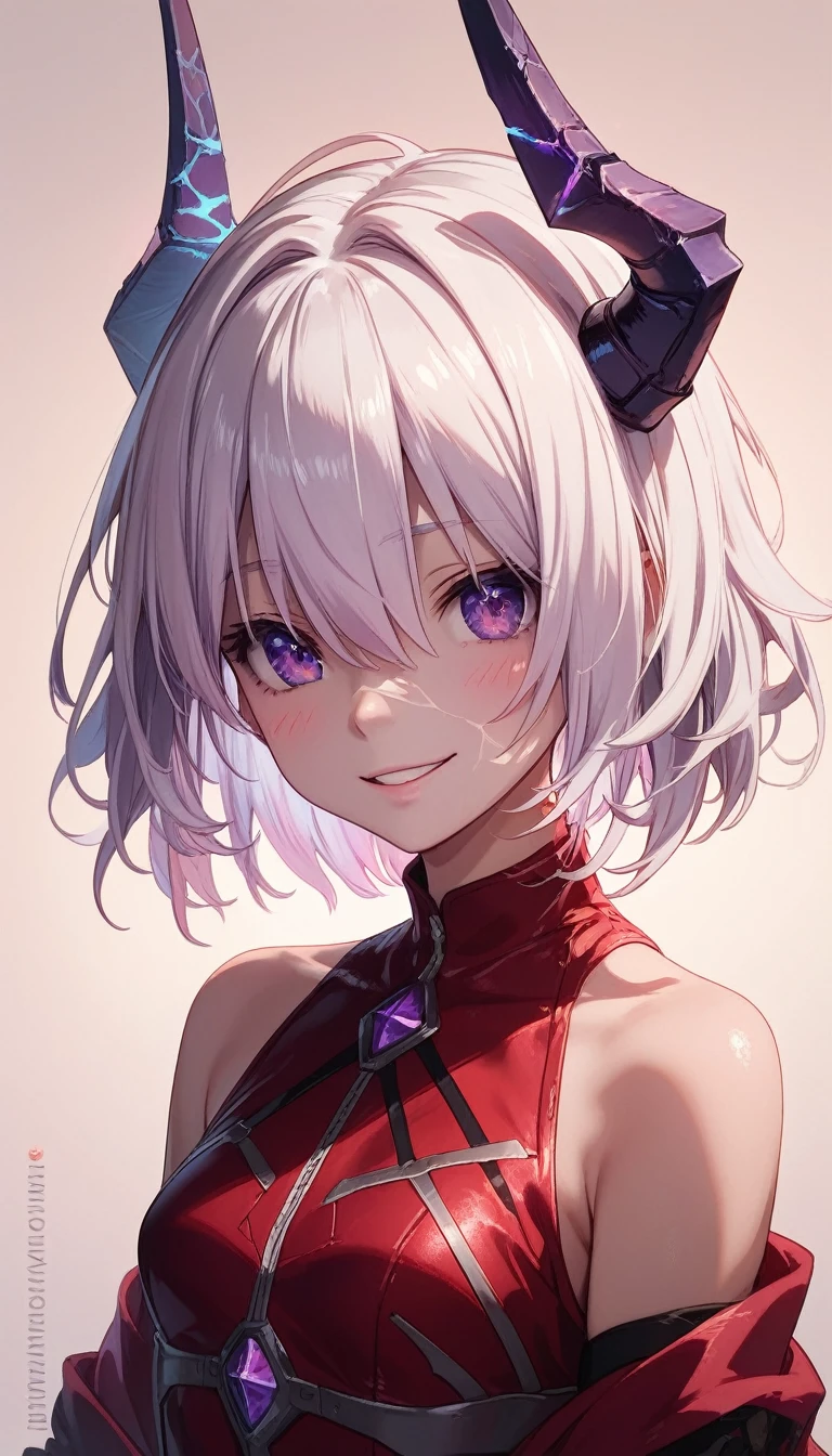4k portrait,machina,1 boy,muslce,sharp focus,colored skin,grey skin,cracked skin,short hair,white hair,hair over eyes,purple eyes,one eye revealing under hair, portrait,detailed skin,detailed eyes,menacing,headgear,horns,upper body,bare shoulders,smile,blushing,shy