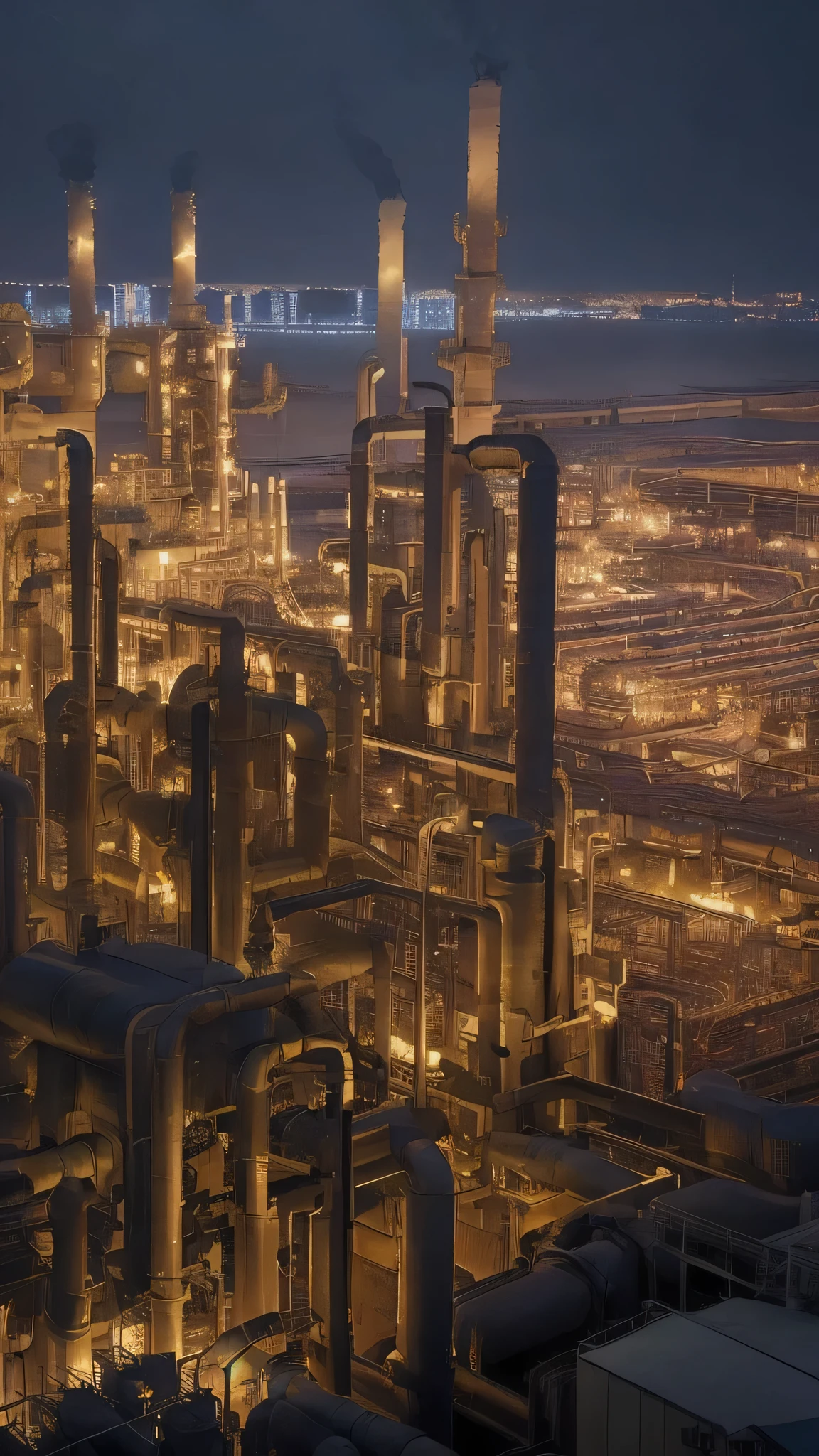 Background only、Night view of the factory、Shining、Petrochemical complex night view、Pipes cross、Pale white light、Looks like a photo、View from the sea、The futuristic factory、cyber punk、See the full picture、future、Beautiful lighting、Steampunk
