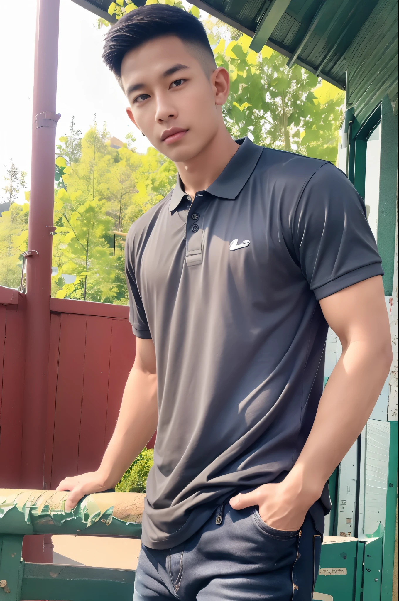 (armface:1.3) , Handsome young man standing, (have a mustache:0.8) ,(buzz cut:1.1), (short hair:1.2), The forearms are muscular., (polo shirt:1.2),(Grey shirt:1.2),Jeans, Big muscles, Handsome and muscular, full body angle, (In front of the department store:1.1), natural light