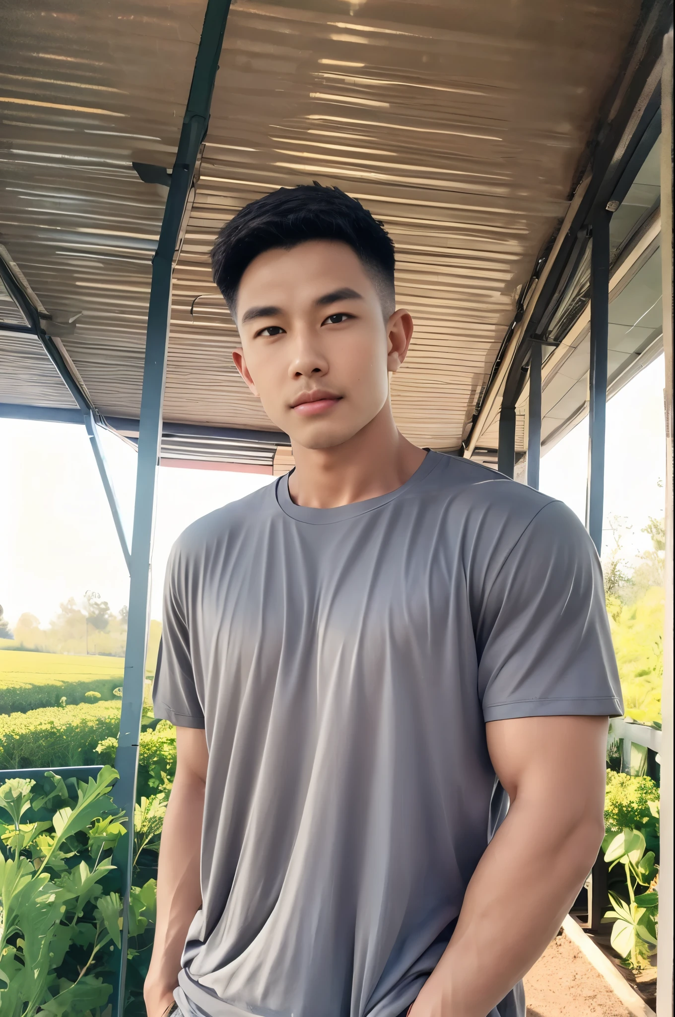 armface , Handsome young man standing, teeth showing, (have a mustache:1) ,(buzz cut:1.1), (short hair:1.2), The forearms are muscular., (Tight T-shirt:1.5),(Grey shirt:1.5),Jeans, Big muscles, Handsome and muscular, full body angle, (country house, rice field, rice field:1.1), natural light 