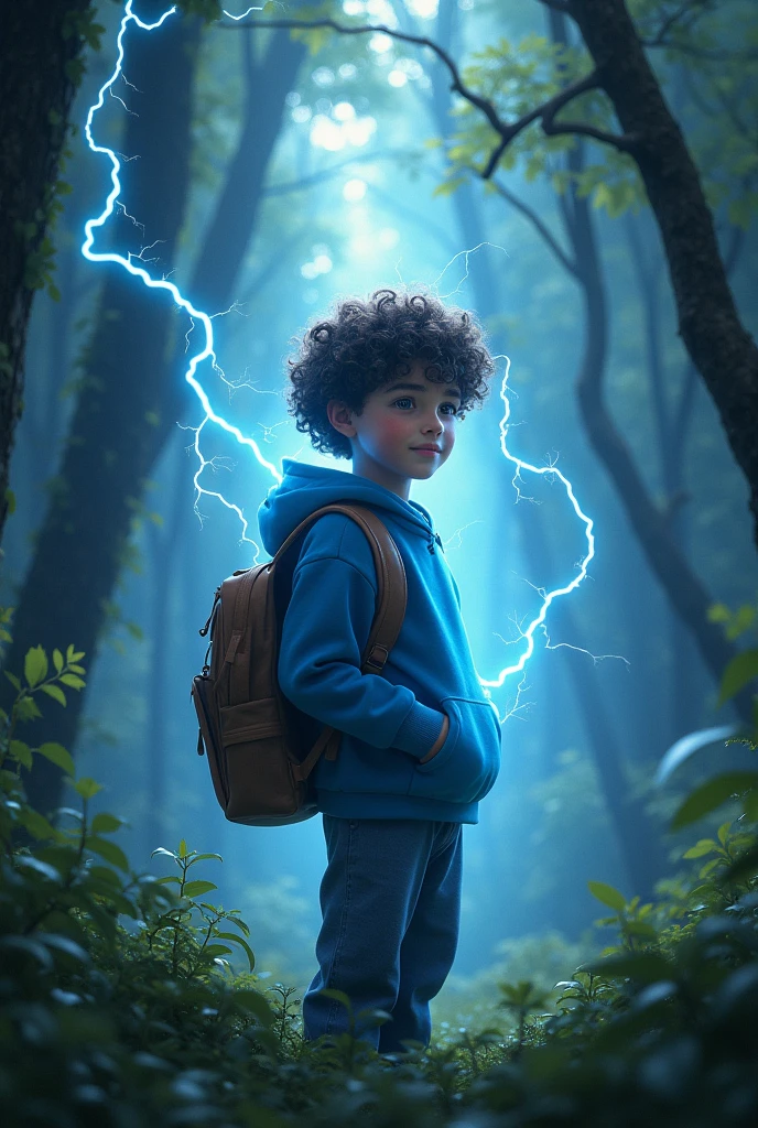 A boy who wearing blue hoody having curl hair with a bagpack in his back near mysterious forest and the electricity sparkle all over surround him