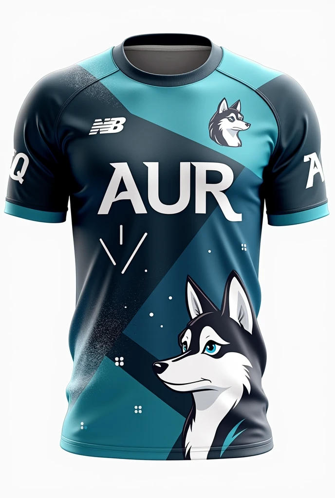 "Design a collared, 3-button neckline. The center front should feature the word 'AUR'. On the back, center the player's name above their role. Use a color of blue, teal, gray, black, and white. The design should incorporate geometric shapes, wind-like slashes, and subtle snowflake elements. Lastly, include an abstract husky with sparkling blue eyes in a chin-up, strong pose in the bottom right corner of the front."