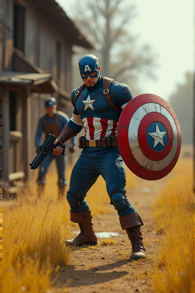 Captain America troughing his shield in left corner holder a gun in his hands in background old farm with yellow grass on right side " in bold big text " ( aggressive gameplay 