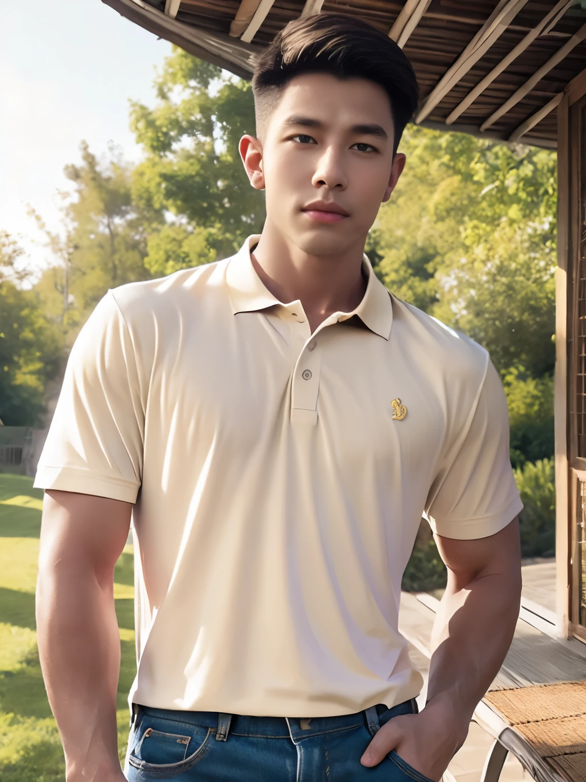 (old house:1.2), natural light countryside ,armface , Handsome young man standing, (have a mustache:1) ,(buzz cut:1.1), (short hair:1.2), The forearms are muscular., (Tight T-shirt:1.5),(cream polo shirt:1.5), Jeans sitting in front of the house