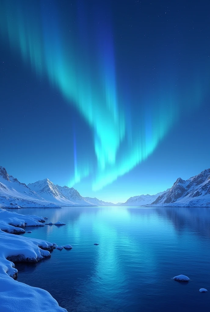 ((Masterpiece))((beautiful))((realistic))blue sea with dark blue sky snow and purple green tourqois aurora,no people,size 4MB