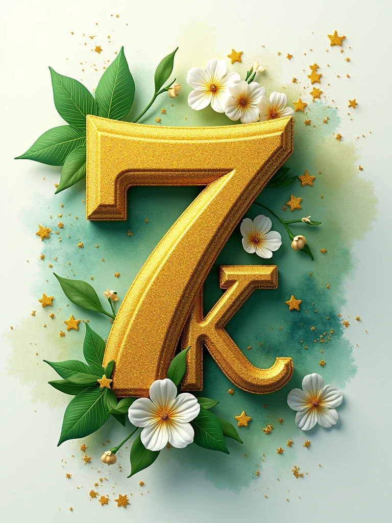 A flat 3D golden sparkling “7K “with green and white flowers and golden leaves, lying on a vibrant water color splash, backdrop of golden glittering particles