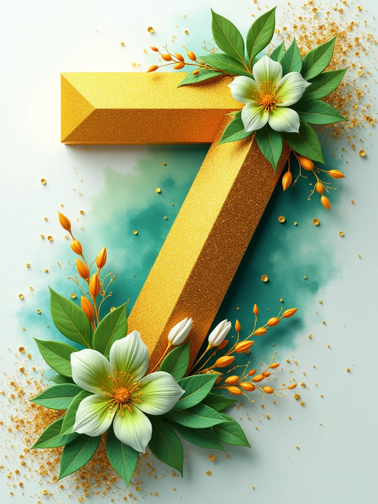 A flat 3D golden sparkling “7K “with green and white flowers and golden leaves, lying on a vibrant water color splash, backdrop of golden glittering particles