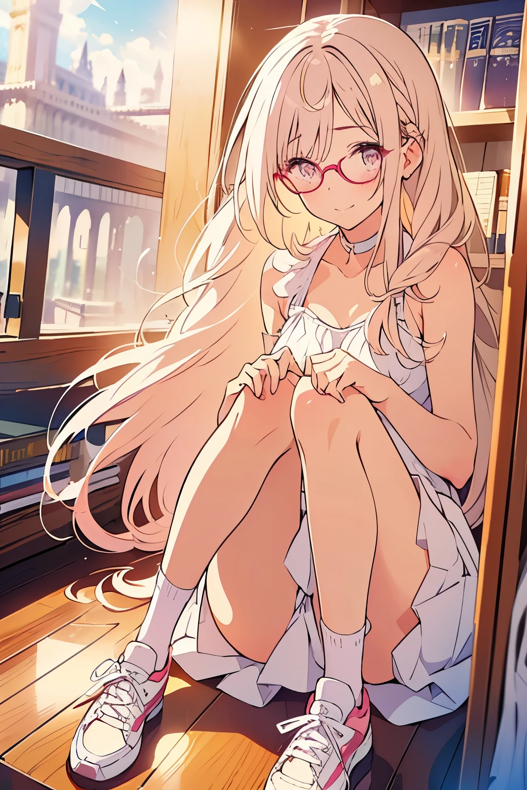 (Best Quality)), ((masterpiece)), (detailed), 1 girl, long blonde hair, defined nose, beautiful eyes, library, pink eyes, small breasts, 18 years, long skirt, big glasses, round lenses, sneakers, tennis shoes, small breasts, shelter rosa, thin white skin, shy, socks, withe socks, small socks, white socks, embarrassed, ashamed, long white dress, library, shelter, NSFW, nervous smile, Whole body. sport shoes, blushing girl, tall girl. pink lips. head on. ((vista head on)) White skirt, discreet smile, withe dress, holding books, carrying books.