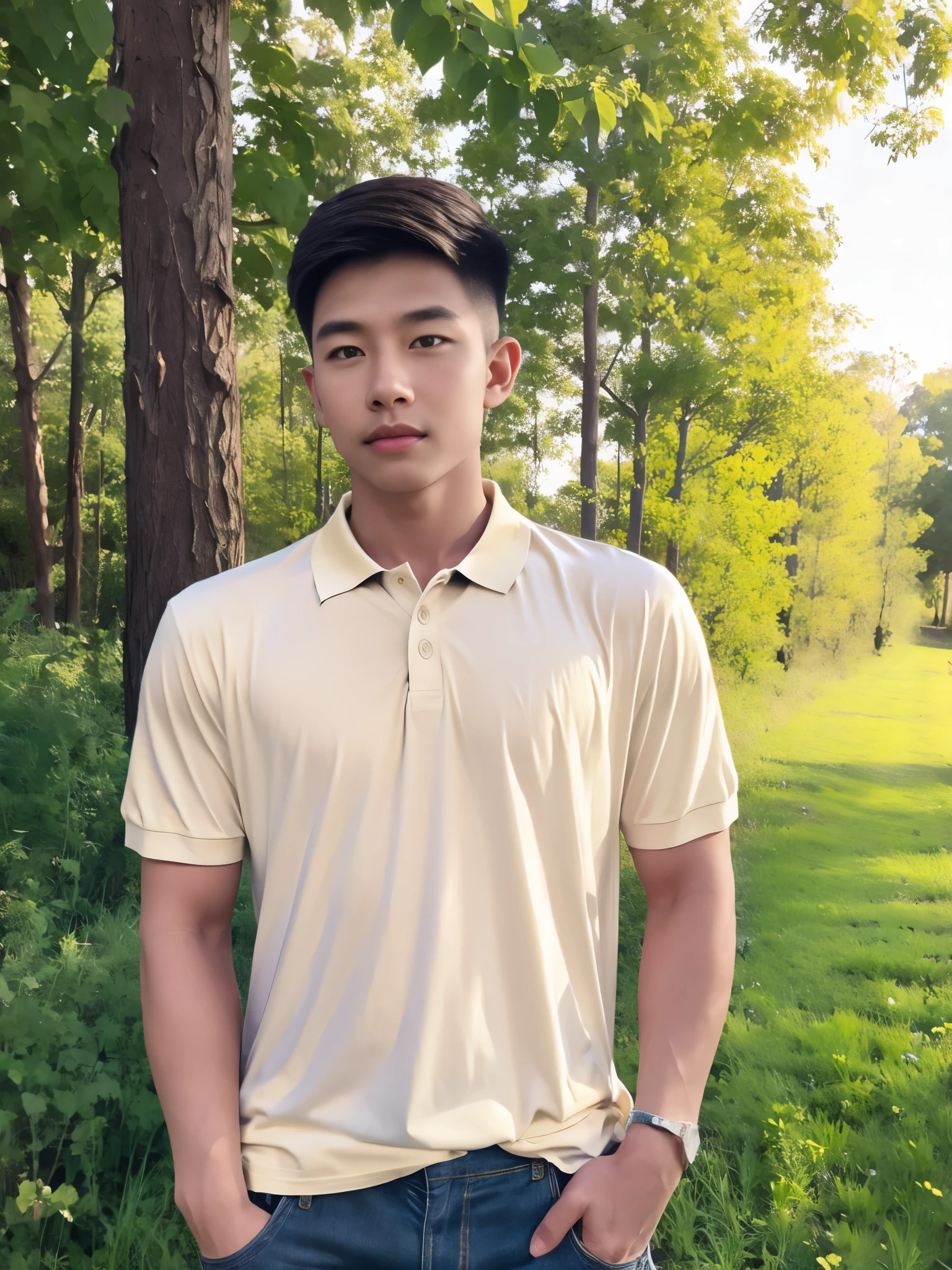 (old house:1.2), natural light countryside ,armface , Handsome young man standing, (have a mustache:1) ,(buzz cut:1.1), (short hair:1.2), The forearms are muscular., (Tight T-shirt:1.5),(cream polo shirt:1.5), Jeans sitting in front of the house