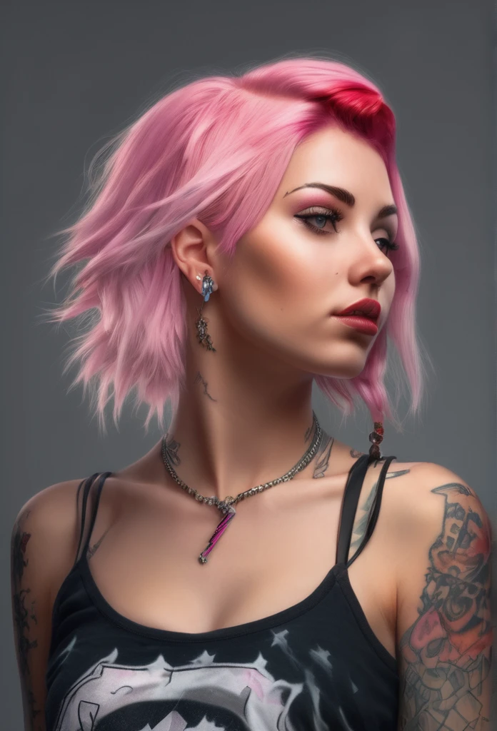 RAW portrait photograph, high resolution photograph of a 21 yo English woman, photorealistic, cinematic, dramatic, beautiful face, very pretty, perfect face, well formed facial features, exotic and expressive pink hair, wing eyeliner, futuristic silver make up, tight crop top, small breasts, perfectly formed breasts, perfect , glistening skin, photorealistic, elaborate jewelry, bokeh background, short depth of field, low contrast, accurate face, high quality detail facial features, accurate hands, accurate feet, erotic, gothic