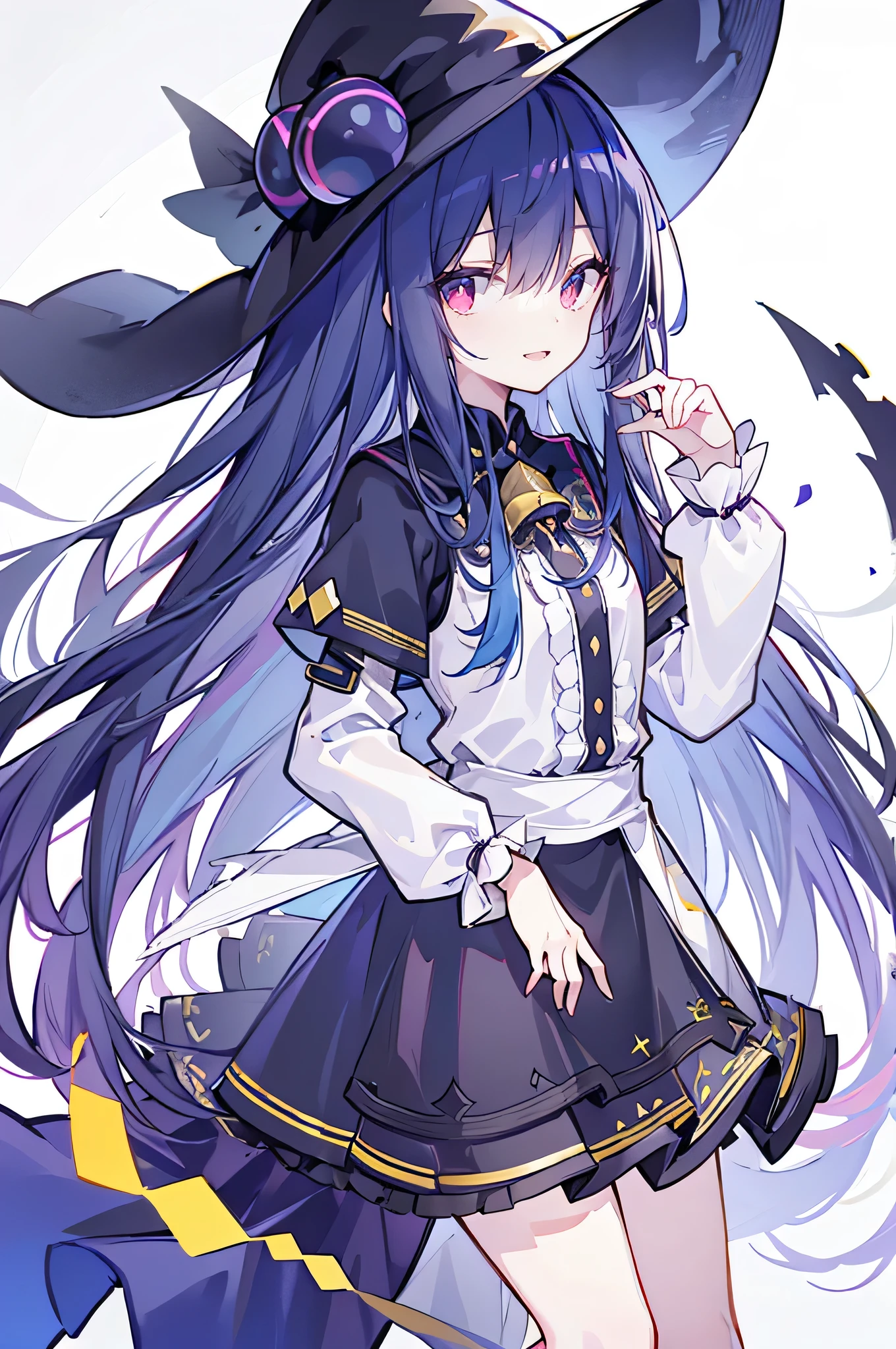 oung Girls,Humanity,A magician always smiles,big witch hat,cute,dark blue long hair,The eyes are dull,The bangs are heavy,Thin eyebrows,fantasy,intake,Double teeth,Star Theme,Constellation pattern,Solid color clothetal decoration,cloak,A bit of a dark atmosphere,A little crazy smile,When the big moon shines outside at night,blood,Hair black star embellishment,Short tie,No nails,High waist skirt,Bell sleeves,Long-sleeved shirt,Black tie,low risk,gentlemen。Mist、Yellow and white effect，Shocking pink as an accent color