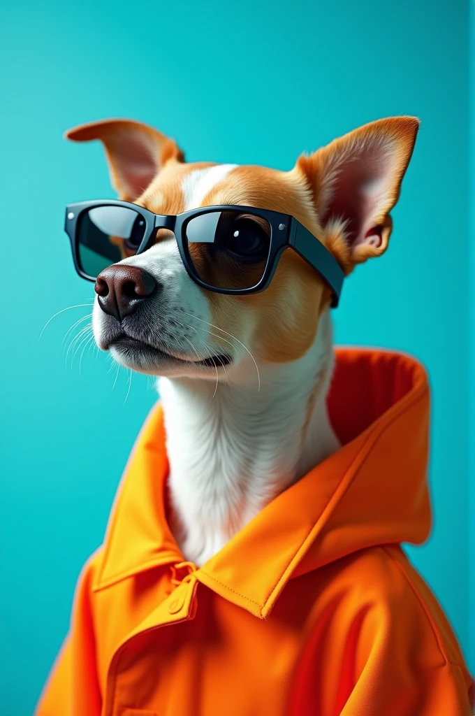 The best cell phone wallpaper, Award-Winning Wallpaper, portrait photography, In the front view is a portrait of a cute dog wearing mid-1960s space age fashion, Side view photo, Shot with Canon EOS R5, Set a strong contrast that accentuates the subject, Fluorescent blue tone, Wearing a very modern coat and sunglasses is a modern 1960s style, Clothes all in one color, beautiful background