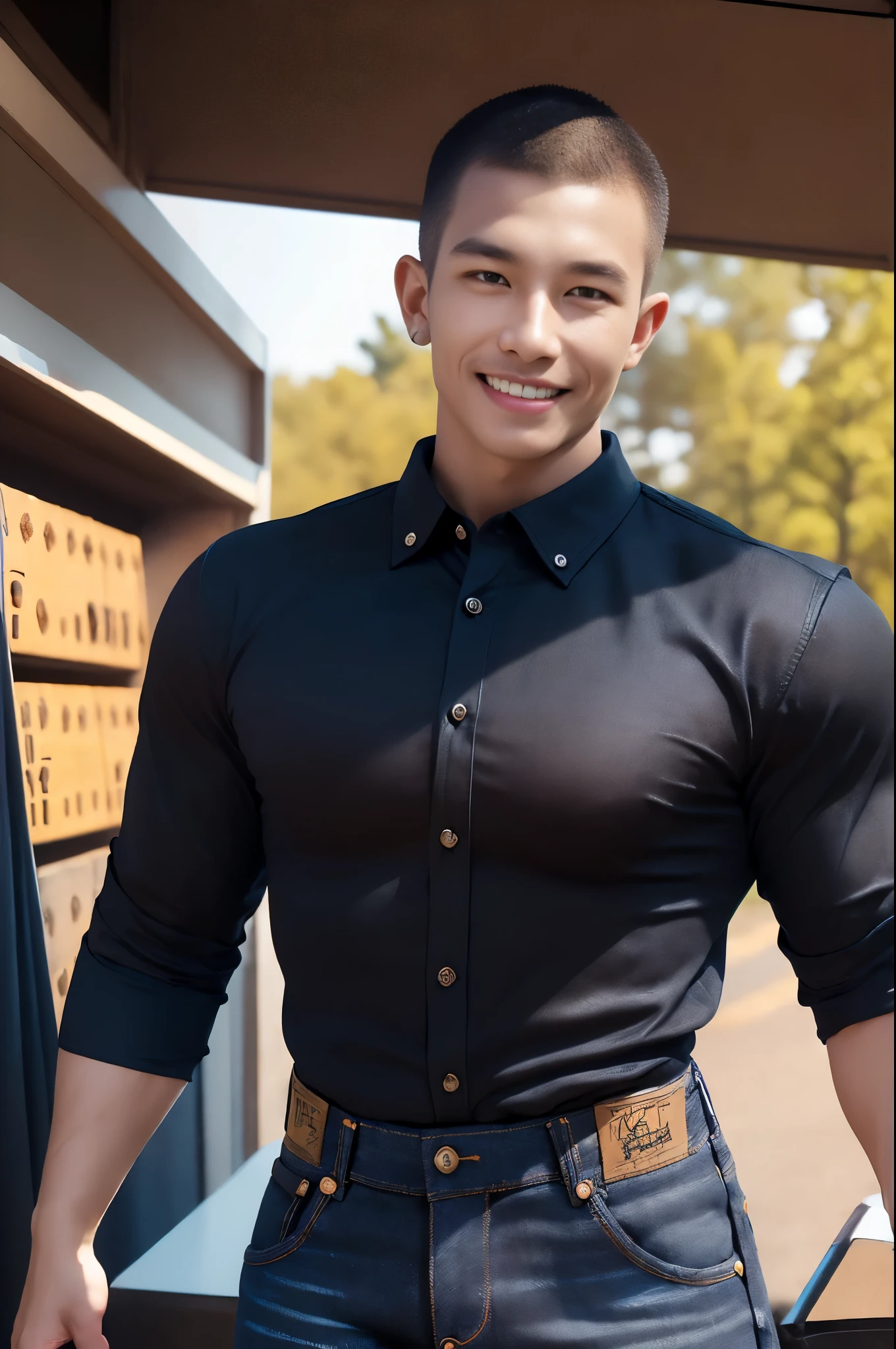 afmface ,Handsome young man smiles, showing teeth, selling merchandise, (have a mustache:1) ,(buzz cut:1.1), (short hair:1.2), The forearms are muscular., (Wear a black, tight-fitting collared shirt with buttons.:1.6), (Jeans:1.5), Big muscles, Handsome and muscular, full body angle, (outdoor market:1.3), natural light