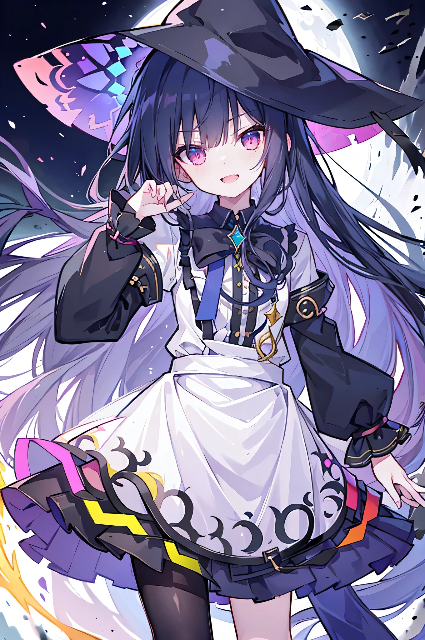 oung Girls,Humanity,A magician always smiles,big witch hat,cute,dark blue long hair,The eyes are dull,The bangs are heavy,Thin eyebrows,fantasy,intake,Double teeth,Star Theme,Constellation pattern,Solid color clothetal decoration,cloak,A bit of a dark atmosphere,A little crazy smile,When the big moon shines outside at night,blood,Hair black star embellishment,Short tie,No nails,High waist skirt,Bell sleeves,Long-sleeved shirt,Black tie,low risk,gentlemen。Mist、Yellow and white effect,Shocking pink as an accent color