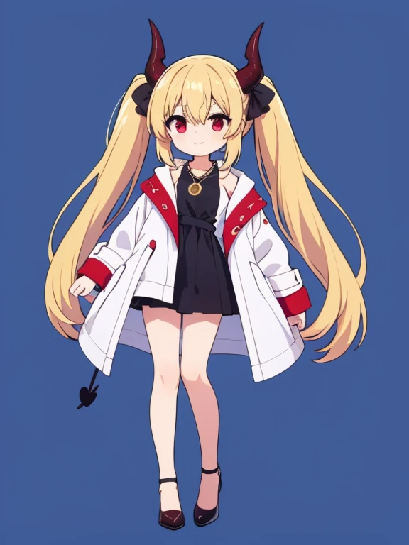 brown hair bow,hair bun,Perfect Face, 1 Girl,standing,full body,blue background,Red eyes,mole under eye,light smile,Blonde,white coat, twintails, red and black wear, short devil horn, high-heels, necklace