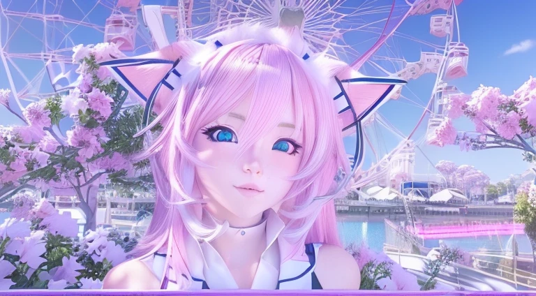 Pink haired and blue eyed anime girl in front of a ferris wheel, Beautiful anime cat girl, White cat lady, Very Beautiful Anime Cat Girl, Realistic Anime 3D Style, 3D Anime Real, Very beautiful cute cat girl, Cat ears anime girl, Trending on cgstation, Detailed anime soft face, Cute anime cat girl, Ultra realistic anime, Anime very detailed