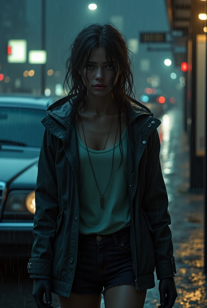 (photorealism:1.2), a girl waiting for the local bus at rain centre at 12 am rain started and black Mercedes stand i front for her men force fully get her in . In car he put her hands on her mouth