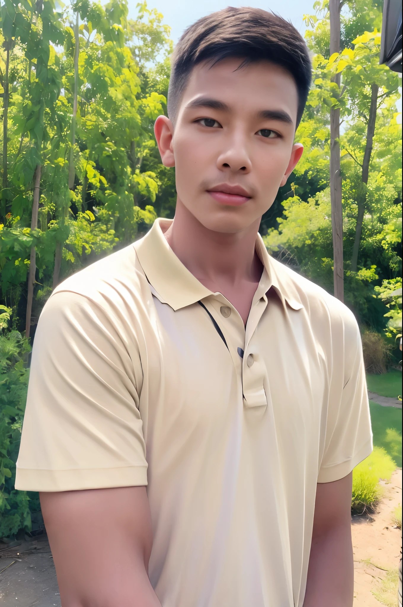 (old house:1.2), natural light countryside ,armface , Handsome young man standing, (have a mustache:1) ,(buzz cut:1.1), (short hair:1.2), The forearms are muscular., (Tight T-shirt:1.5),(cream polo shirt:1.5), Jeans sitting in front of the house