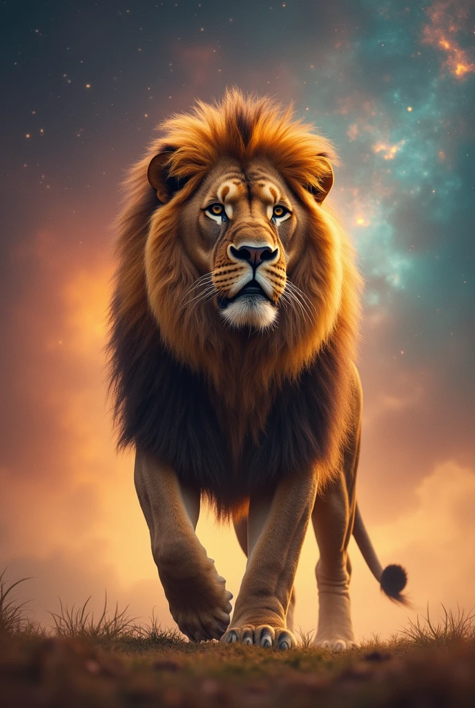 You are standing in front of a majestic muscular lion., With a driving position that conveys power and authority.. The majestic creature stands, Her whole body is shown in the picture., It's tall., Lush mane flowing in the wind. The background of the photo is a wonderful nebula., In soft and delicate colors that contrast with the lion's strength and presence.. The picture is a work of art from nature., Which represents the perfect harmony between beauty and brute force.. 8K Ultra Realistic Photography --Automatic--s2