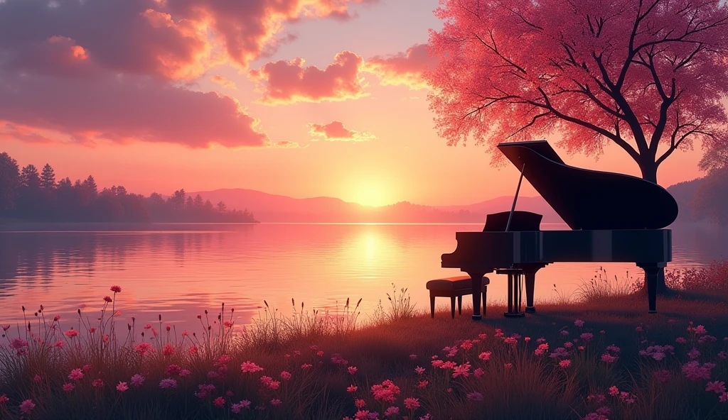 「A black grand piano on the shore、Colorful flowers on the shore、sunset、lake、lakeの中には蓮の花、reed、Silhouette tree々、Calm water surface、Pink and orange shades、A fantastic atmosphere、high resolution、8k」 「静かなlakeに咲くピンクの蓮の花、sunset空が水面に反射、Trees in the distance々Silhouette of、Fantastic landscape painting、Digital Art」