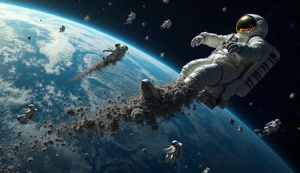 High resolution image of earth surrounded by a cloud of space debris that are moving ariund earth. So the idea is to remove this space debris so thatbyou should add astronauts collecting this space debria from space. Make it realistic