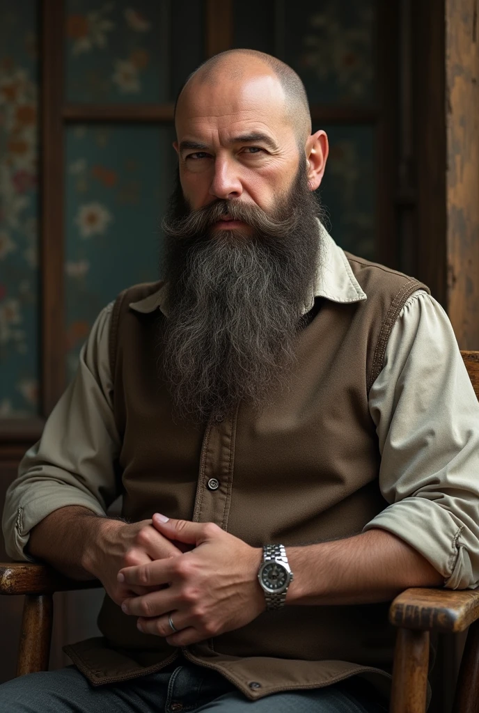 (photorealism:1.2), big bearded bald man, russitc envirement, relaxed , easy light weight clothes