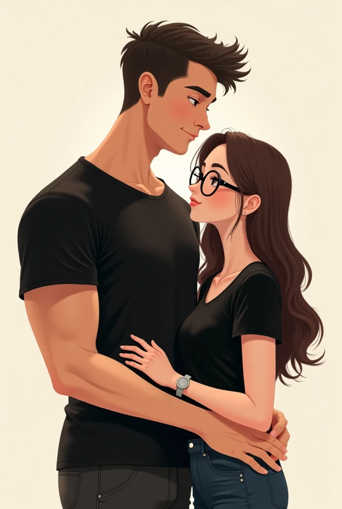 Image of a cute couple girl standing beside each other boy wearing black shirt and girl wearing black top boy is taller and mascular and girl is cute and wearing specteles boy hand is on girl waist