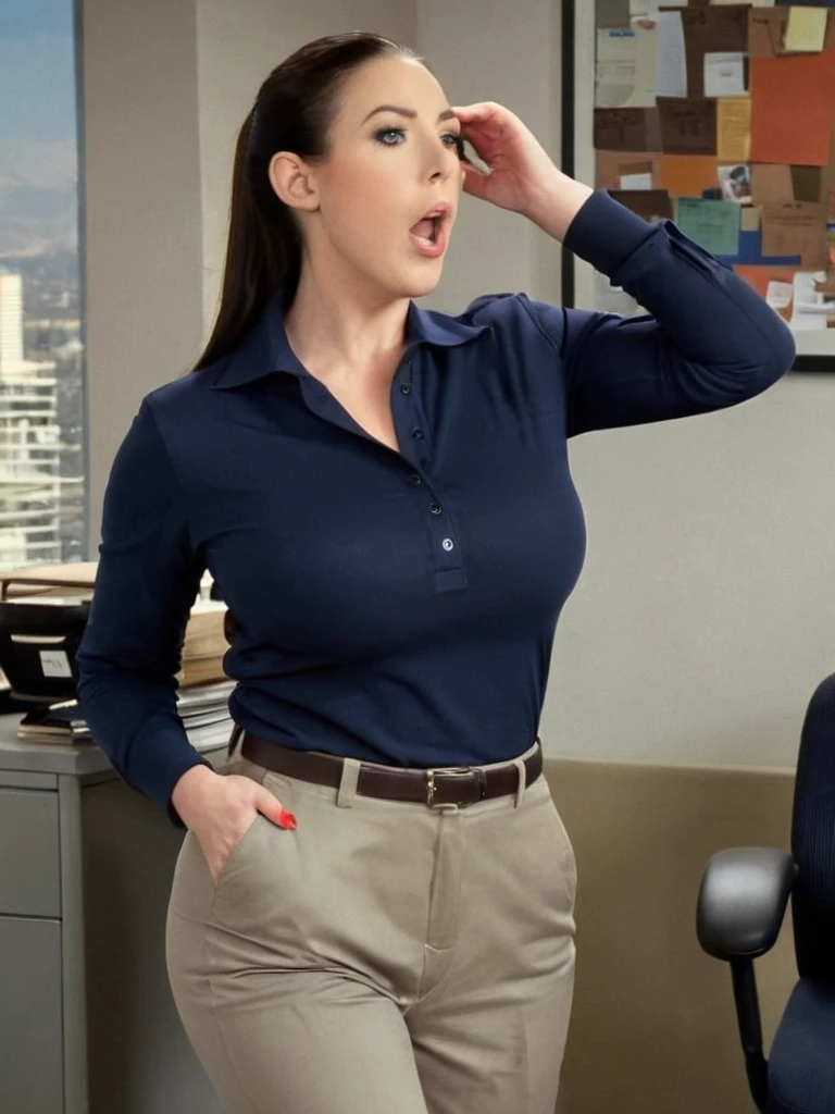 angelawhite, a woman wearing long grey khakis and a dark blue golfshirt, in an office space environment, she is shocked as sge cups her breasts with both of her hands

