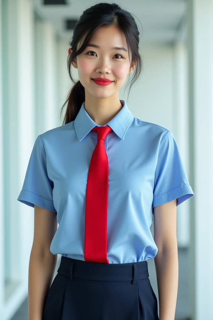 Asian woman, pony tail, blue polo, white shirt inner, red tie, short skirt