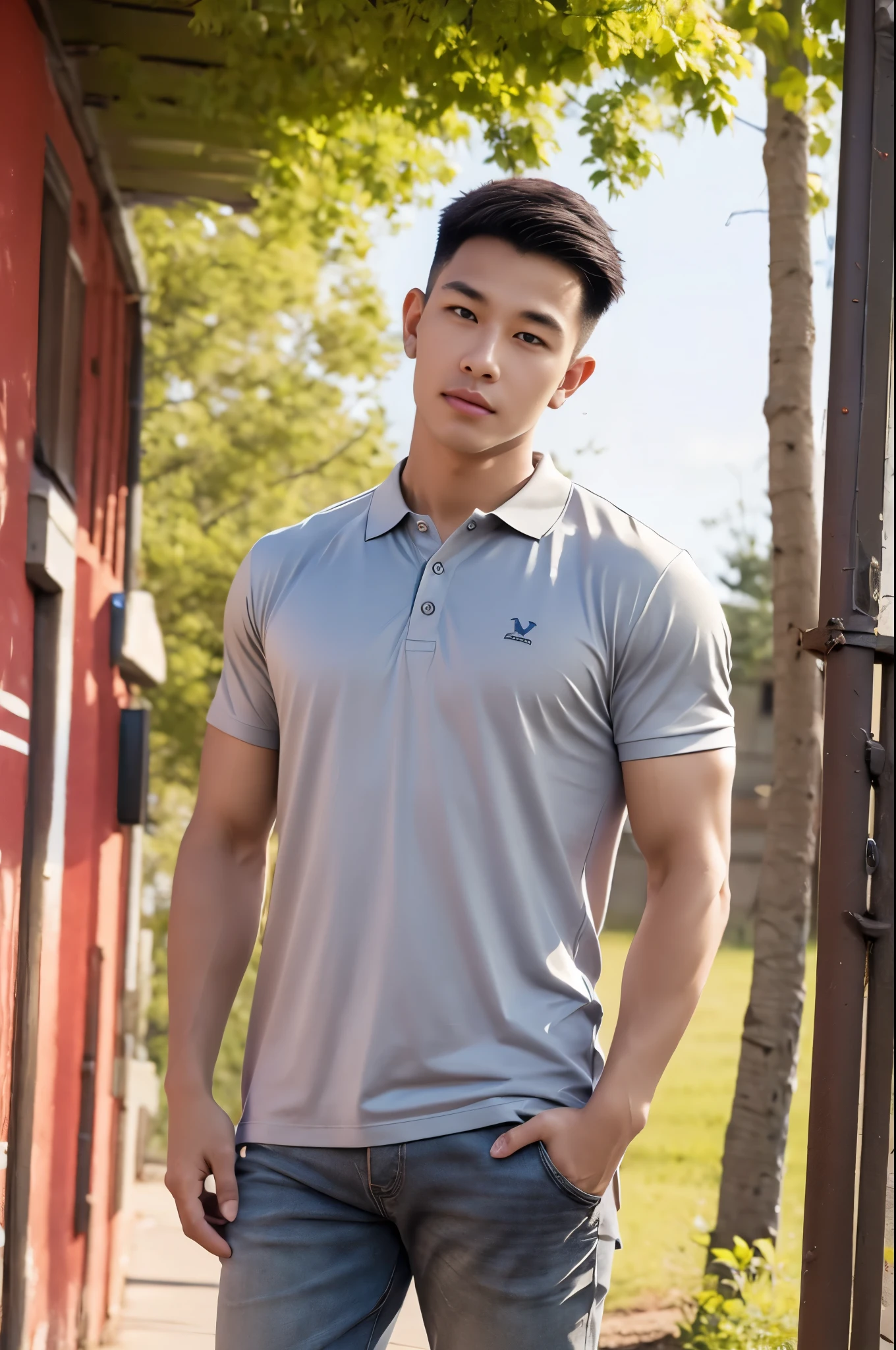 (armface:1.3) , Handsome young man standing, (have a mustache:0.8) ,(buzz cut:1.1), (short hair:1.2), The forearms are muscular., (polo shirt:1.2),(Grey shirt:1.2),Jeans, Big muscles, Handsome and muscular, full body angle, (In front of the department store:1.1), natural light