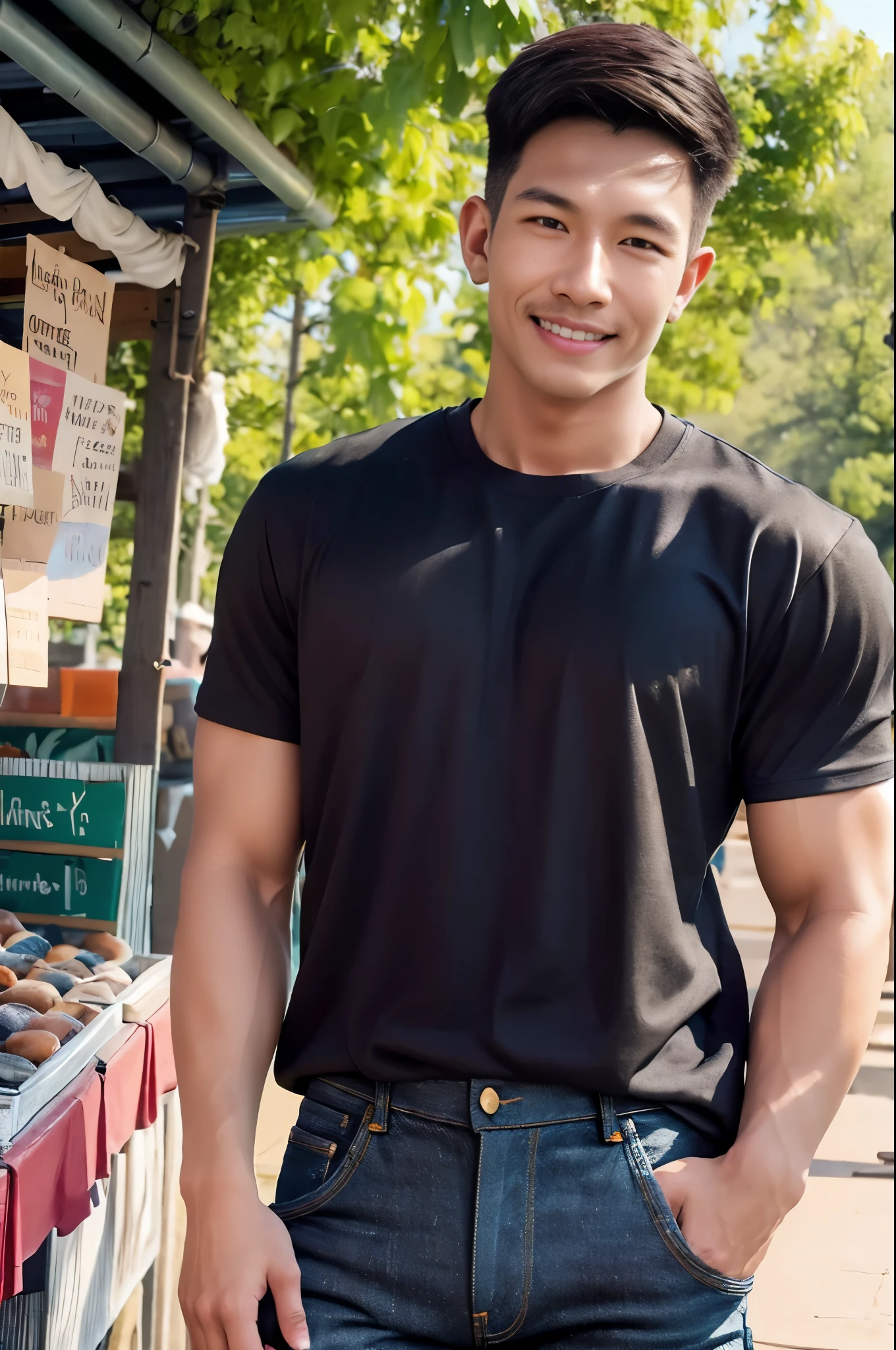 Handsome young man smiles, showing teeth, (have a mustache:1) ,(buzz cut:1.1), (short hair:1.2), The forearms are muscular., (jeans shirt:1.5), (black shirt:1.5),Jeans, Big muscles, Handsome and muscular, full body angle, (outdoor market:1.3), natural light