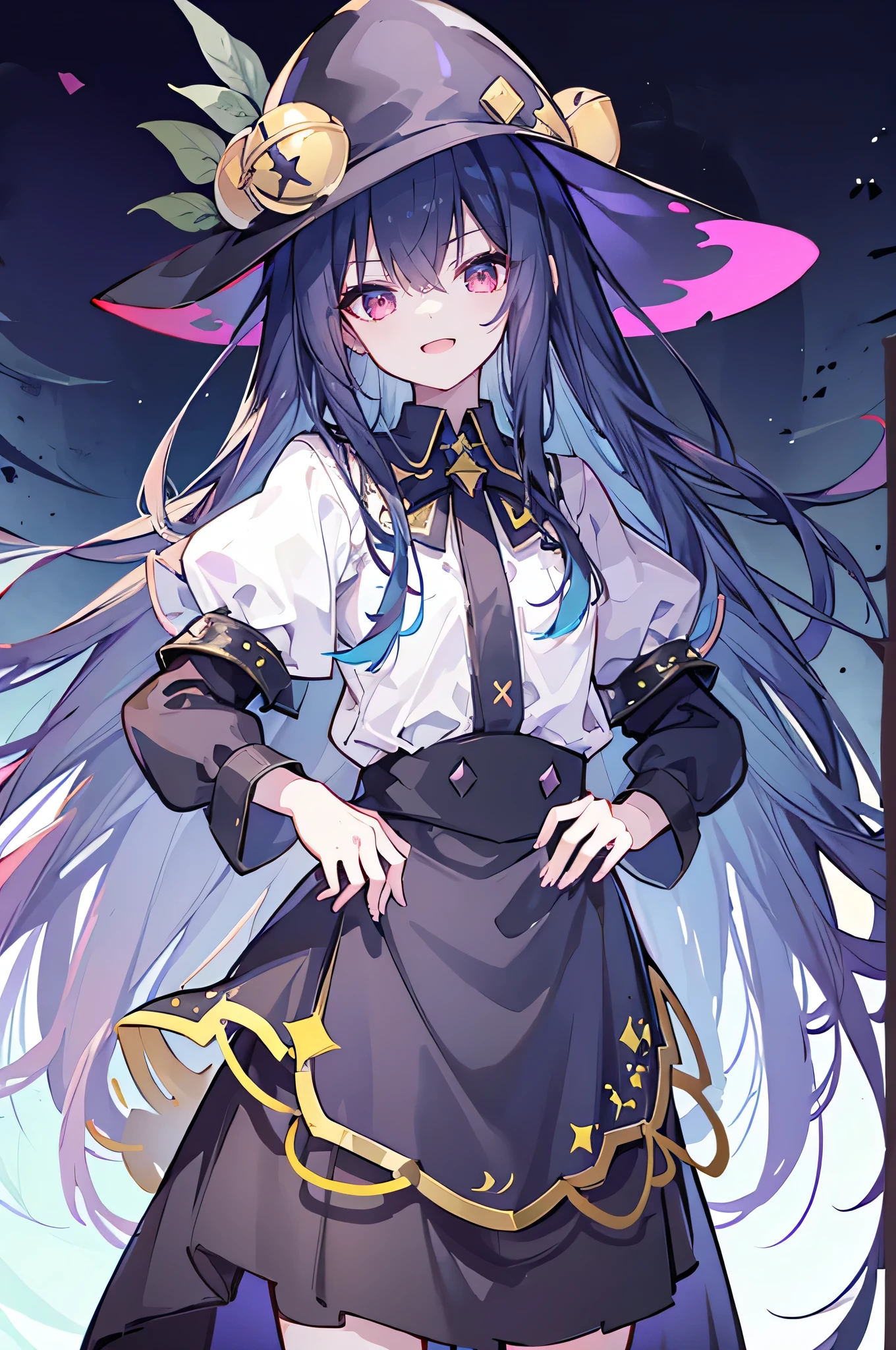 oung Girls,Humanity,A magician always smiles,big witch hat,cute,dark blue long hair,The eyes are dull,The bangs are heavy,Thin eyebrows,fantasy,intake,Double teeth,Star Theme,Constellation pattern,Solid color clothetal decoration,cloak,A bit of a dark atmosphere,A little crazy smile,When the big moon shines outside at night,blood,Hair black star embellishment,Short tie,No nails,High waist skirt,Bell sleeves,Long-sleeved shirt,Black tie,low risk,gentlemen。Mist、Yellow and white effect,Shocking pink as an accent color