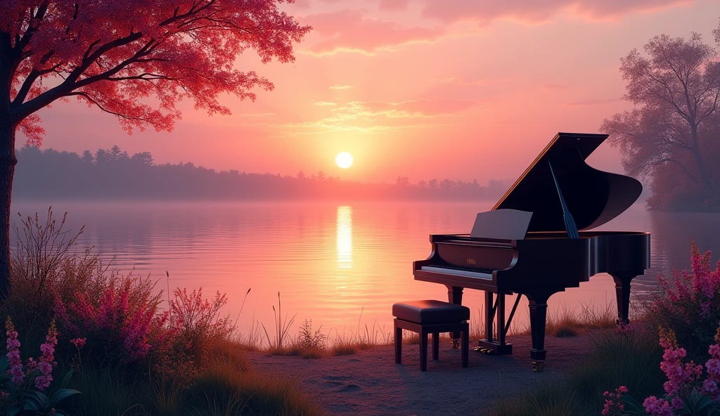 「A black grand piano on the shore、Colorful flowers on the shore、sunset、lake、lakeの中には蓮の花、reed、Silhouette tree々、Calm water surface、Pink and orange shades、A fantastic atmosphere、high resolution、8k」 「静かなlakeに咲くピンクの蓮の花、sunset空が水面に反射、Trees in the distance々Silhouette of、Fantastic landscape painting、Digital Art」