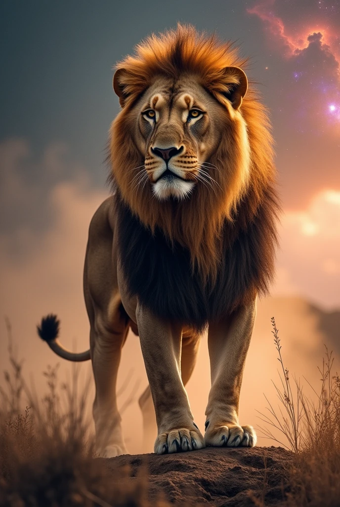You are standing in front of a majestic muscular lion., With a driving position that conveys power and authority.. The majestic creature stands, Her whole body is shown in the picture., It's tall., Lush mane flowing in the wind. The background of the photo is a wonderful nebula., In soft and delicate colors that contrast with the lion's strength and presence.. The picture is a work of art from nature., Which represents the perfect harmony between beauty and brute force.. 8K Ultra Realistic Photography --Automatic--s2
