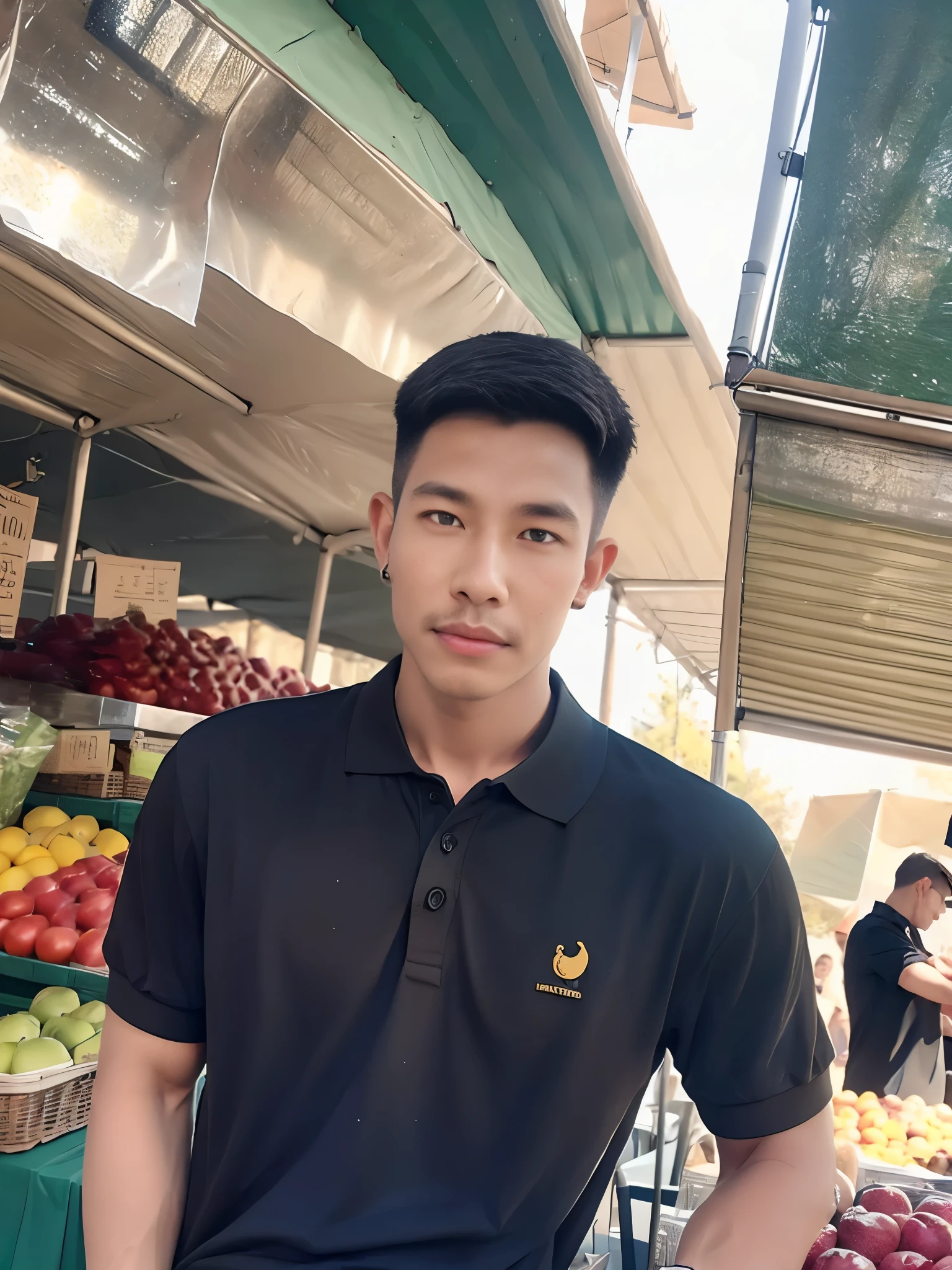 Handsome young man, (have a mustache:1) ,(buzz cut:1.1), (short hair:1.2), The forearms are muscular., (polo shirt:1.5), (black shirt:1.5), Jeans, Big muscles, Handsome and muscular, full body angle, (outdoor market:1.3), natural light