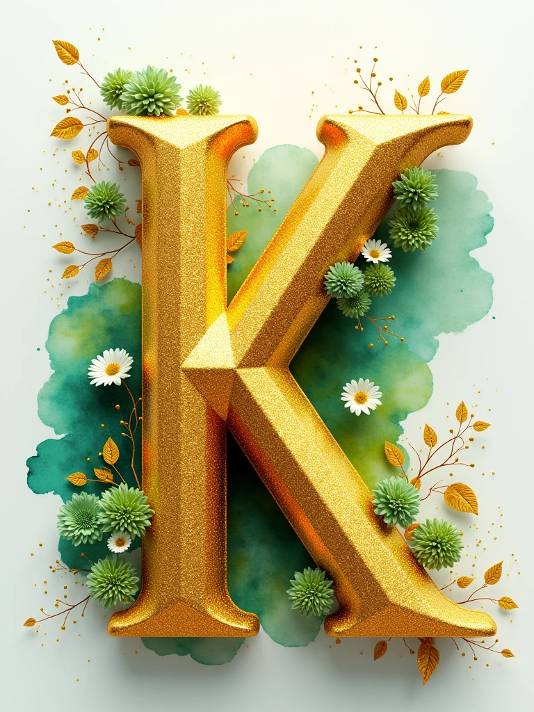 A flat 3D golden sparkling K with green and white flowers and golden leaves, lying on a vibrant water color splash, backdrop of golden glittering particles