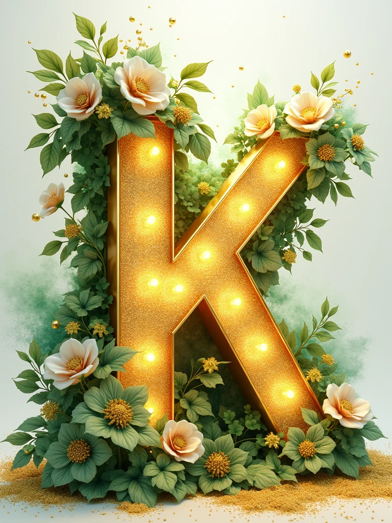 A flat 3D golden sparkling K with green and white flowers and golden leaves, lying on a  vibrant water color splash, backdrop of golden glittering particles