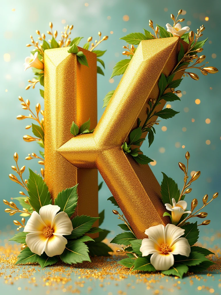 A flat 3D golden sparkling K with green and white flowers and golden leaves, lying on a vibrant water color splash, backdrop of golden glittering particles