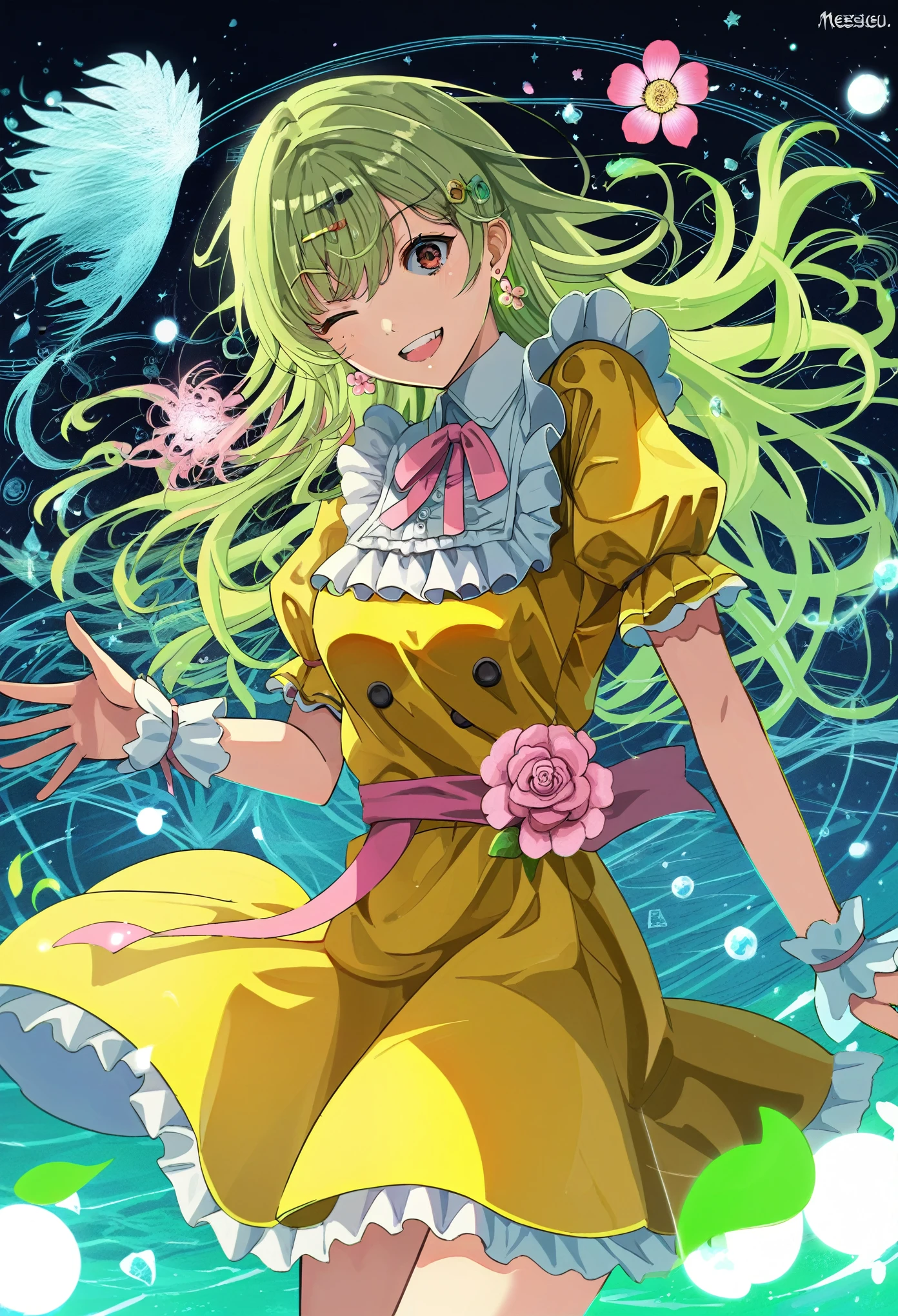 score_9,score_8_superior,score_7_superior,score_6_superior,sauce_anime,One girl,;is,garisen,black isress,chest,Brown eyes,Cowboy Shot,isress,Earrings,falling flowerびら,Floating Hair,flower,flower Earrings,flower hairbanis,Shorthand,frilleis isress,Frills,green backgrounis,Green Hair,grey backgrounis,hair ornaments,Hair Clip,jewelry,logo,Long Hair,View your viewers,meisium chest,multicoloreis backgrounis,multicoloreis sash,neck ribbon,one eye closeis,Open your mouth,orange isress,overview,outstretcheis arm,flowerびら,pink isress,pink flower,pink ribbon,puffy Short sleeve,Puff sleeves,arrive,arrive towariss viewer,reis backgrounis,ribbon,Short sleeve,single siiselock,No sleeve,No sleeve isress,smile,alone,Split Theme,Straight hair,teeth,superiorper teeth only,white overview,wiise sleeves,