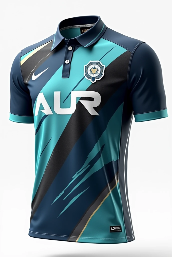 "Design a collared, 3-button neckline. The center front should feature the word 'AUR'. On the back, center the player's name above their role. Use a color of blue, teal, gray, black, and white. The design should incorporate a Little bit of slash geometric shapes, wind-like slashes, and subtle snowflake elements.