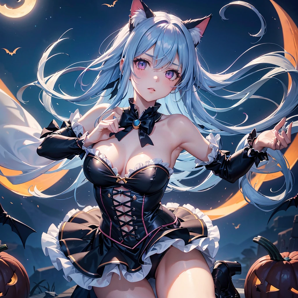 (Sky Blue Hair),(Medium Hair), (Pink Eyes),Fair skin) ,(whole body),(One Girl),(Crescent Moon),(There are many pumpkin ghosts in the background),Cat ear,(Cat costume),(Cat pose),(Trick or Treat),Halloween Night Party),(masterpiece, Highest quality, Very detailed, Best Shadow), (Detailed Background), (Beautifully detailed face), High Contrast, (Best lighting, Very delicate and beautiful), ((Cinematic Light)), Hyper Detail,8k, Dramatic Light, Intricate details,night,Flying bats in the sky,