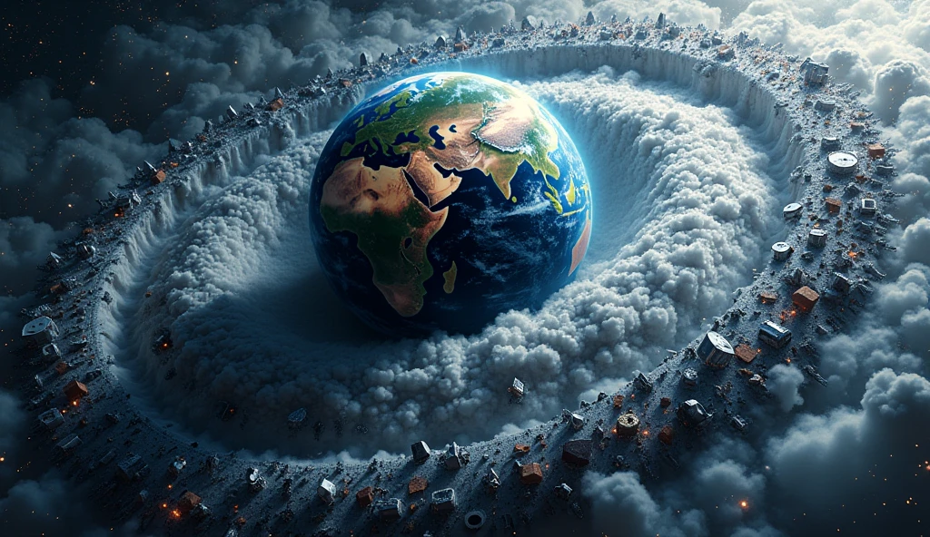 High resolution image of earth surrounded by a cloud of space debris that are moving ariund earth.