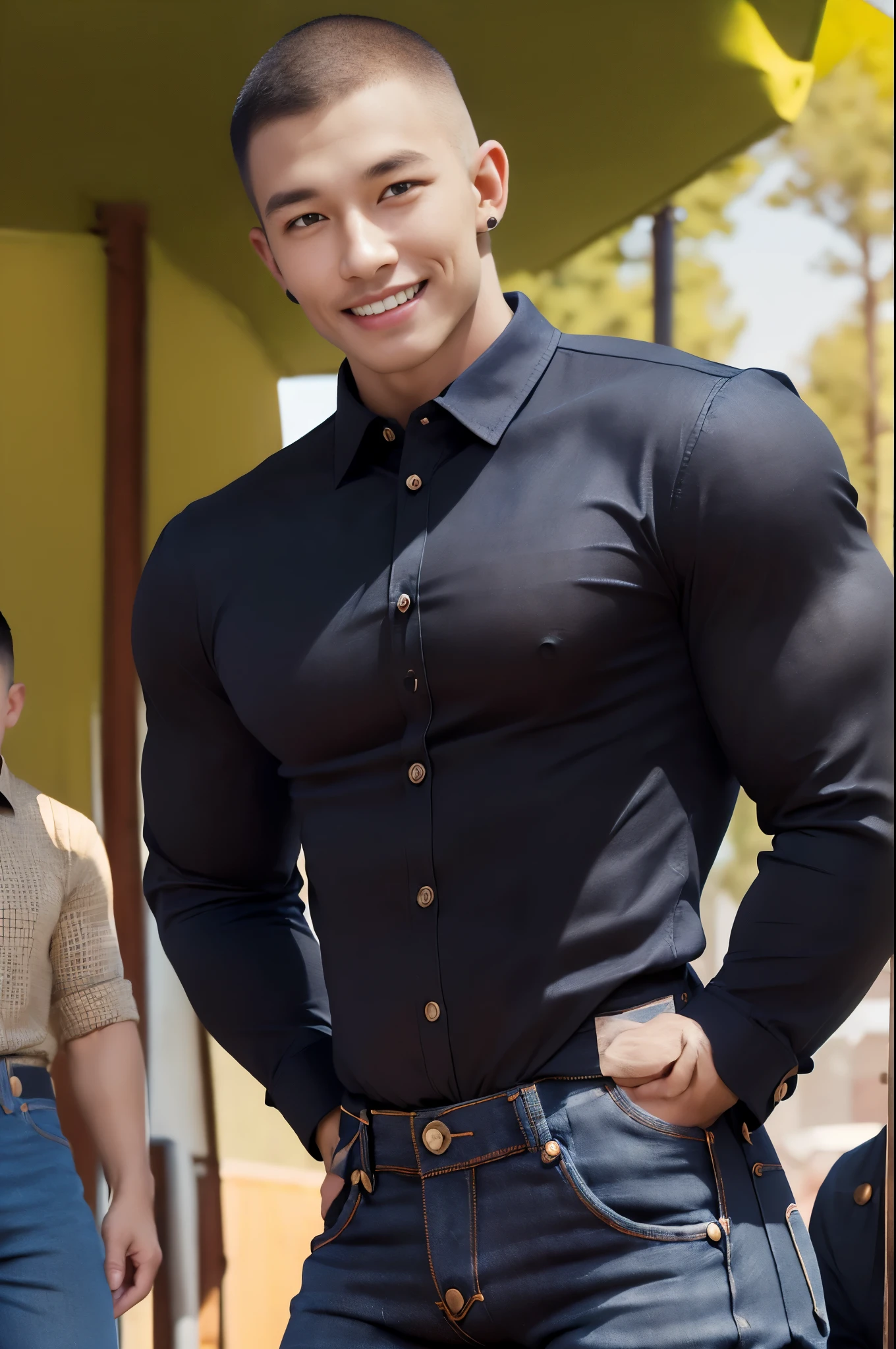 afmface ,Handsome young man smiles, showing teeth, selling merchandise, (have a mustache:1) ,(buzz cut:1.1), (short hair:1.2), The forearms are muscular., (Wear a black, tight-fitting collared shirt with buttons.:1.6), (Jeans:1.5), Big muscles, Handsome and muscular, full body angle, (outdoor market:1.3), natural light