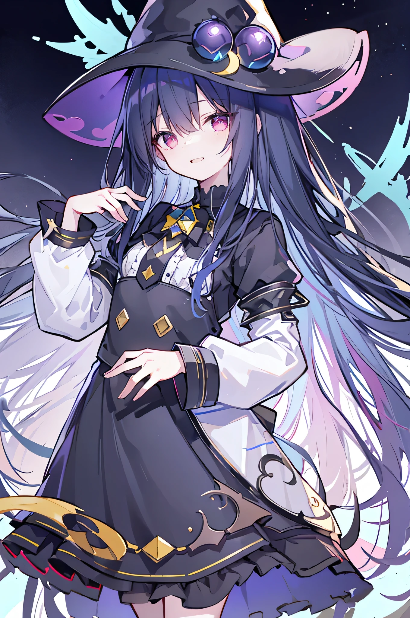 oung Girls,Humanity,A magician always smiles,big witch hat,cute,dark blue long hair,The eyes are dull,The bangs are heavy,Thin eyebrows,fantasy,intake,Double teeth,Star Theme,Constellation pattern,Solid color clothetal decoration,cloak,A bit of a dark atmosphere,A little crazy smile,When the big moon shines outside at night,blood,Hair black star embellishment,Short tie,No nails,High waist skirt,Bell sleeves,Long-sleeved shirt,Black tie,low risk,gentlemen。Mist、Yellow and white effect，Shocking pink as an accent color